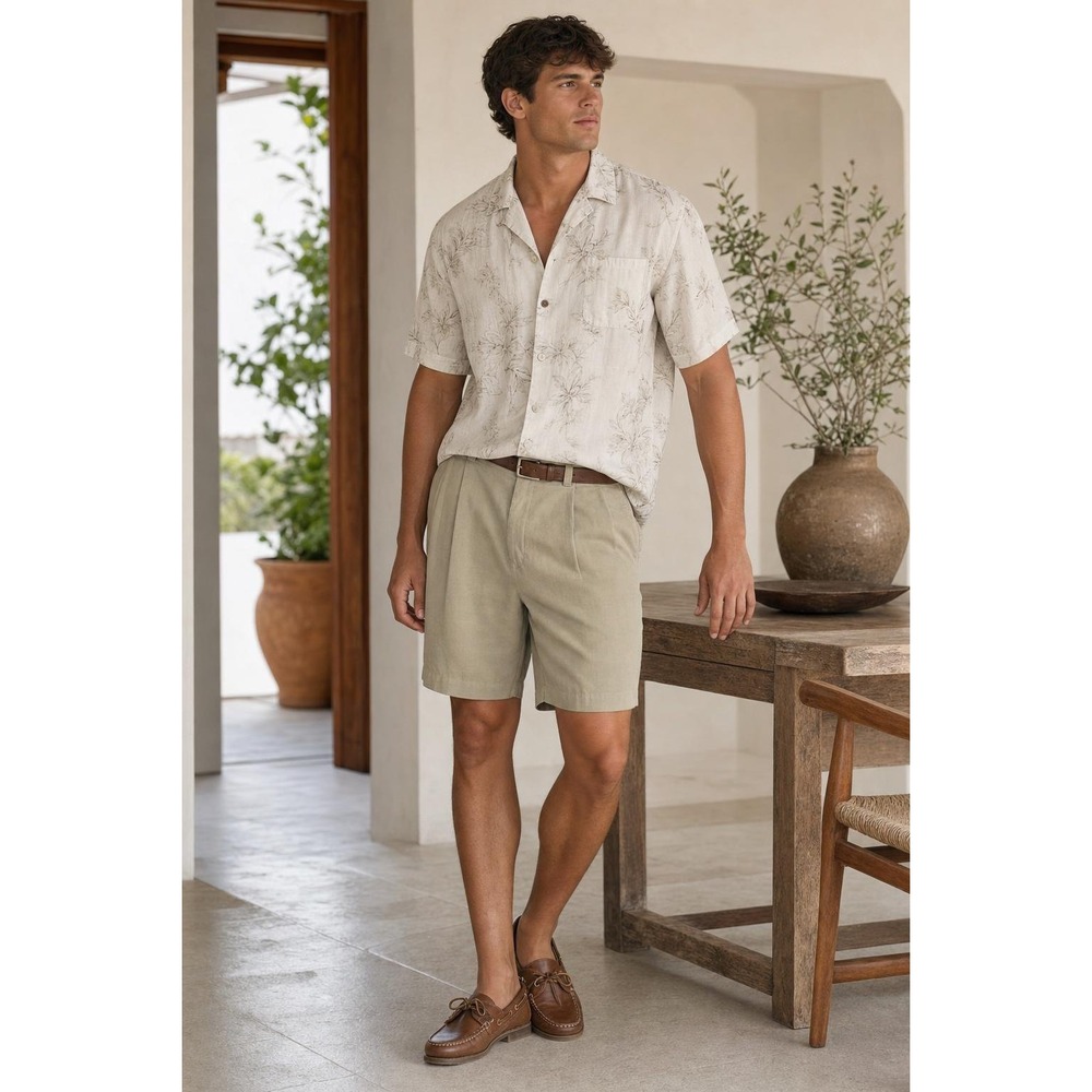 Tommy Bahama Shorts Mens 38 Tan 100% Silk Pleated Front Coastal Minimalist READ